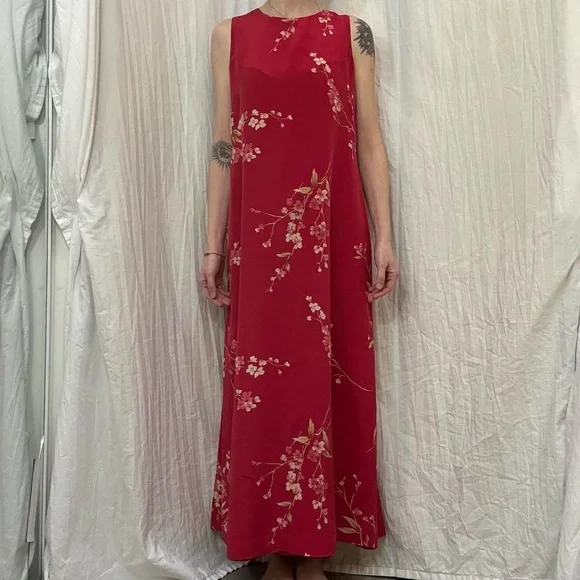 Silk Red Floral Midi Dress Vintage Jones New York Medium - Picture 3 of 8